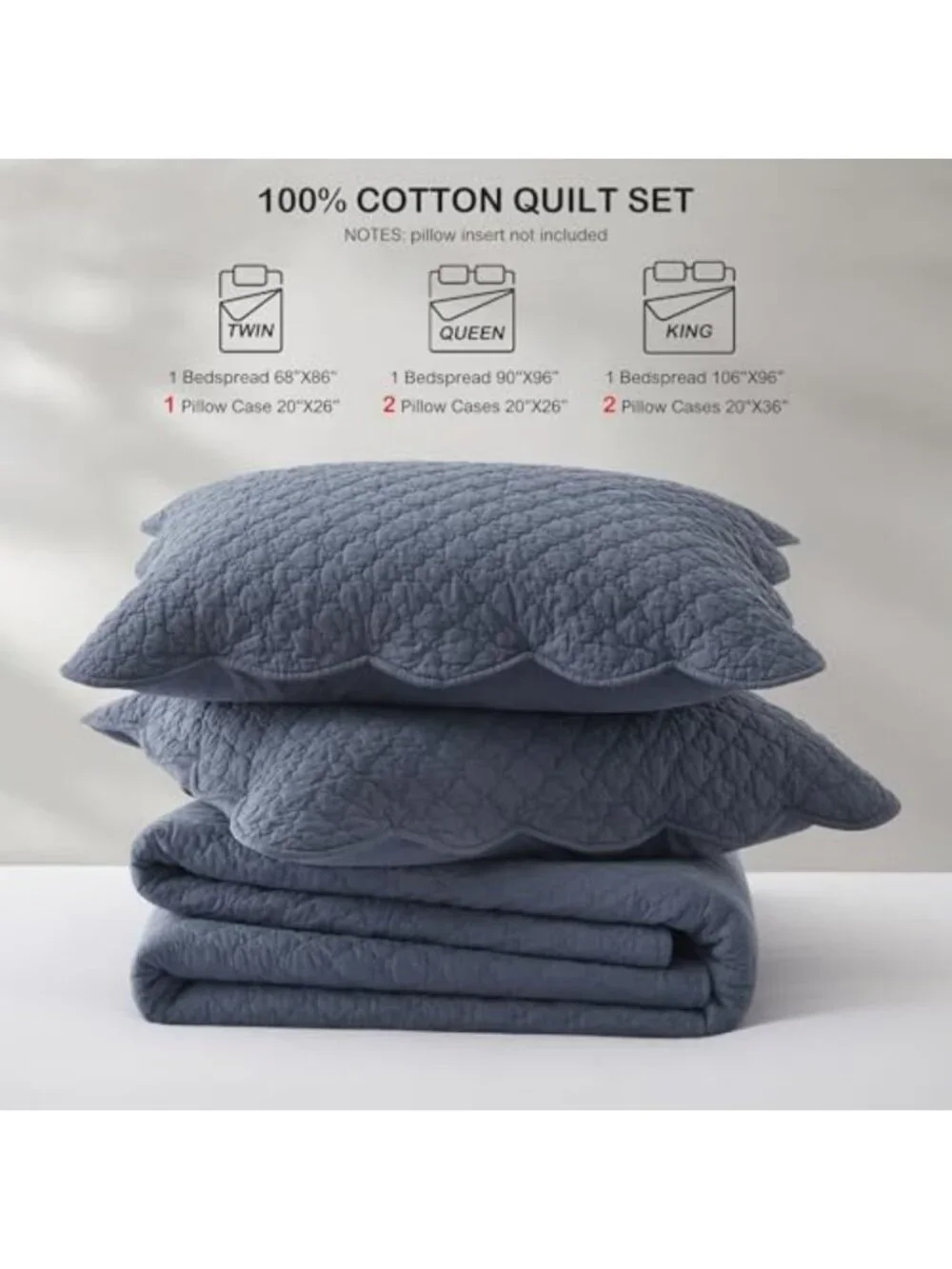 Soft Lightweight Cotton Quilt Set, Queen Size, Steel Blue, 3-Piece Bedding with